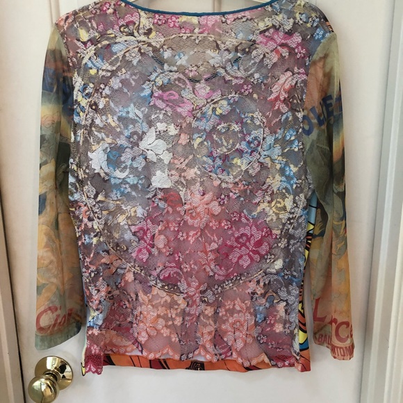 Colorful sleek front, lace back, sheer sleeve SzM - Picture 10 of 11